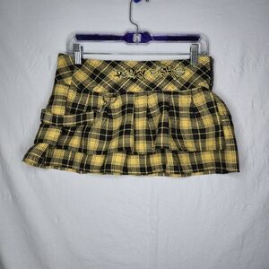Punky Fish Ladies Plaid Yellow Black Mini Skirt With Side Zipper Size Small
